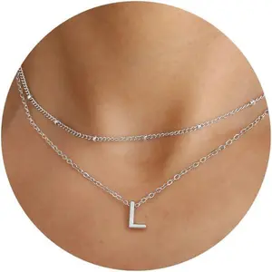 Ladies Exquisite 26 Letter Double Layered Necklace with Stainless Steel Rice Beads Layered Layered Clawbone Chain Initial Necklace