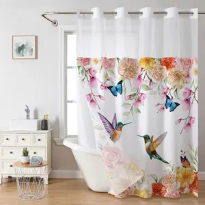 Floral Hummingbird No Hook Shower Curtain with Snap in Liner-  Butterflies Shower Curtains for Bathroom- Fabric  Inner Liner, Watercolor  Bath Curtains- Machine Washable,71 x 74