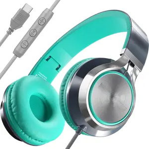 USB C Headphones Wired with Mic & Volume Control,Tangle-Free Plaiting Line,Type C Over/On-Ear Headphones,Lightweight Foldable for Smartphone,Tablet, 16/15 Series (Green)
