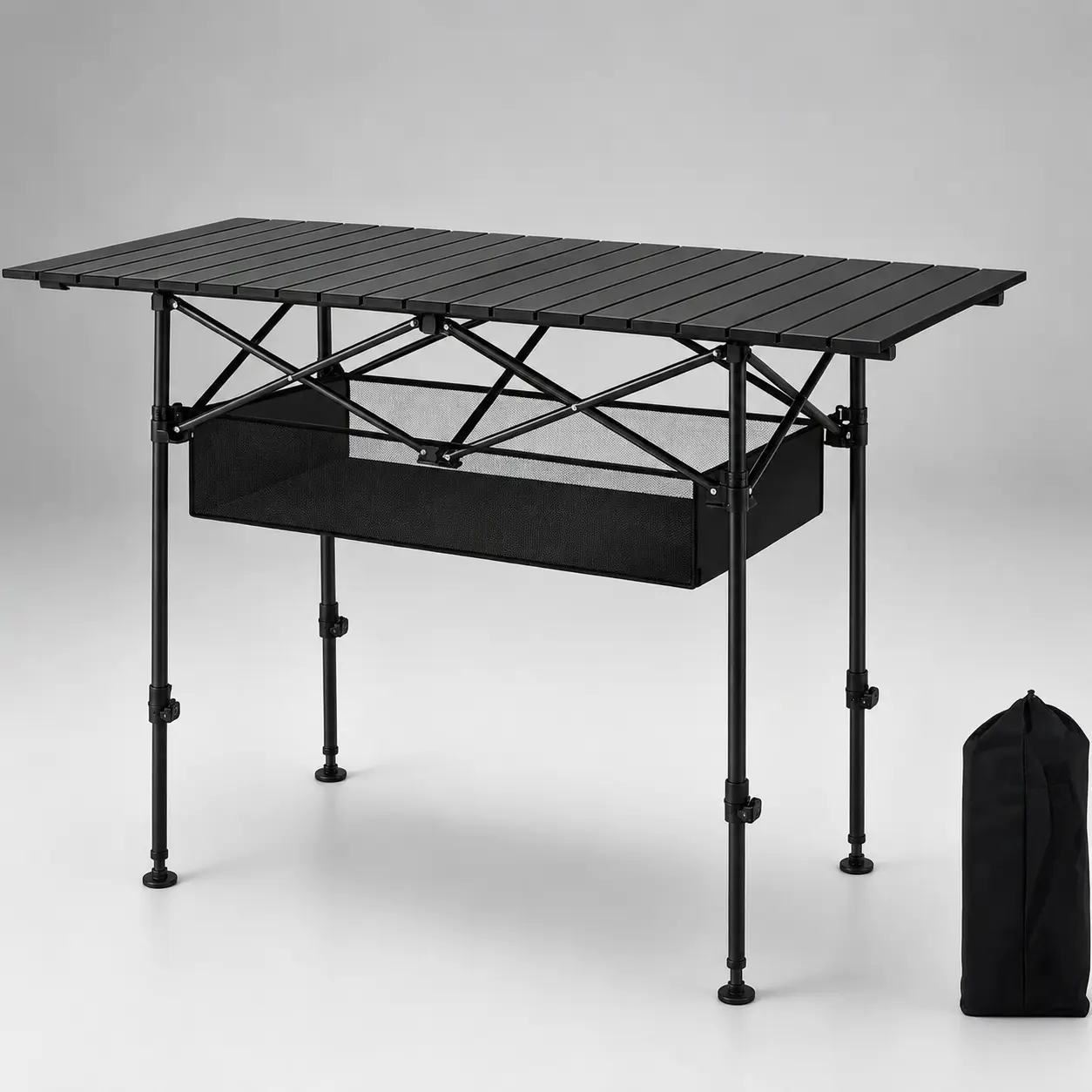 Portable Folding Camping Table with Mesh Storage Basket, Adjustable Height Outdoor Camp Kitchen Table with Carry Bag, Aluminum Slatted Top for Camping, Picnic, BBQ, Tailgating, RV, Beach and Backyards
