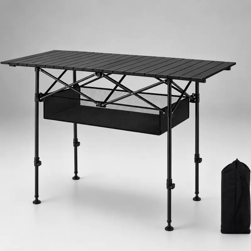Portable Collapsible Aluminum Slat Top Smart Fold Picnic Table - Adjustable Height, Detachable & Folding Mesh Basket, Carry Bag, Secure Organization, Ultra-Compact Large Single Unit Lightweight Outdoor Table for Camping, Backyards