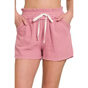 Zenana Double Gauze Elasticband Drawstring Waist Shorts
