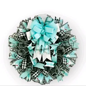 large 24" handmade spring teal and black front door wreath with xlarge bow Entryway Decoration Mesh Hanging Hangable Decor Ornaments