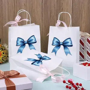 24pcs Upgraded Kraft Paper Bags, Gift Bags, Storage Bags, Classic Blue Bow Pattern, 8.86in X 6.3in, for Shopping, Gifts, School Office