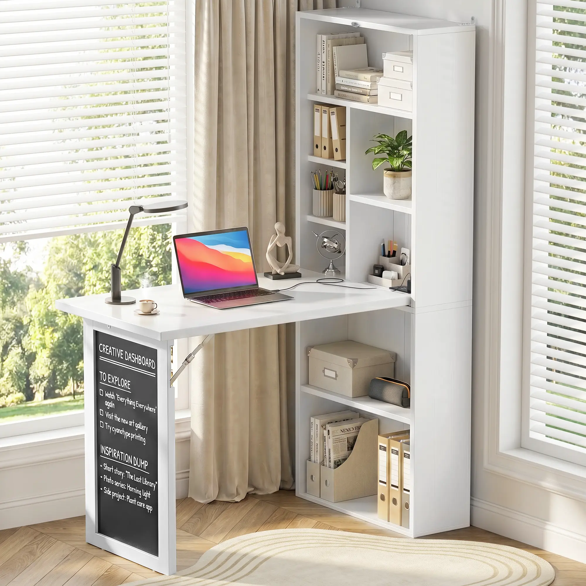 Small Folding Desk with Outlets & USB Ports – Space-Saving Writing Table with Blackboard, Adjustable Shelf, 6-in-1 Multifunction for Home Office Craft Room