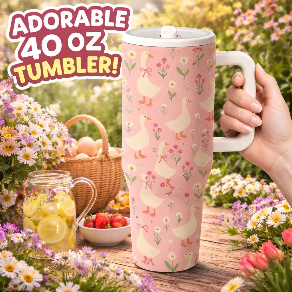 AuraCup 1 pc 40 oz Insulated Coffee Tumbler, Traveler Tumbler, with Handle and Lid, Duck Floral Pattern Stainless Steel Travel Mug, Large-Capacity Vacuum Flask, Keeps Drinks Cold 12H Hot 6H, Gift for Home, Office and Outdoor Use