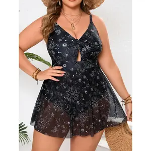 Plus Size Celestial Print 2-in-1 Swim Dress - Keyhole One-Piece with Mesh Skirt#PlusSizeSwimwear#SwimDress#CelestialSwim#KeyholeSwimsuit#TummyControlSwim#MeshSwimwear