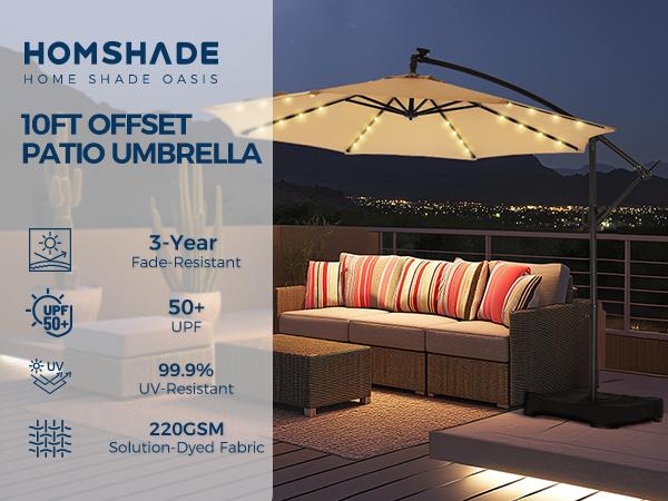 [10ft] Solar Lights Offset Cantilever Patio Umbrella - w/Light and Base, LED Lighted Offset Hanging Patio Outdoor Market Umbrella UPF50+ UV Protection with Easy Tilt and Crank
