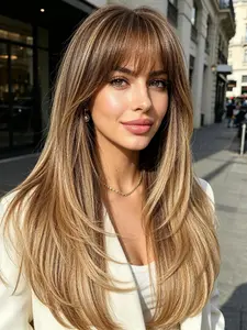 Gradual Gold Layered Wig, Natural Look with Bangs, Fashionable Comfortable Synthetic Hair Wig, 22 Inch Heat Resistant Women's Wig, Natural Looking Wigs, Straight Synthetic Wigs