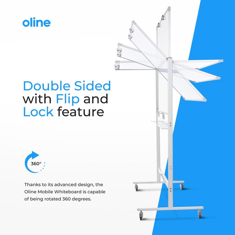 Oline Mobile Whiteboard 48 x 36 Inch Large Height Adjust 360° Magnetic Rolling Double Sided Reversible Dry Erase Board