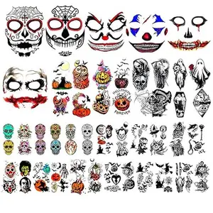 42 Sheets Halloween Temporary Tattoo Family Set Day of Dead Pumpkin Ghost for Women Black Fake Death Skull Skeleton Tatoos for Men Boy and Girl, Halloween Zombie Makeup Tattoo Kit