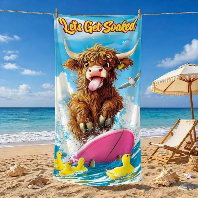 Highland Cow Surf Print Microfiber Beach Towel, Soft Absorbent, Lightweight Quick-Dry, Ideal for Summer Travel, Pool & Outdoor Activities