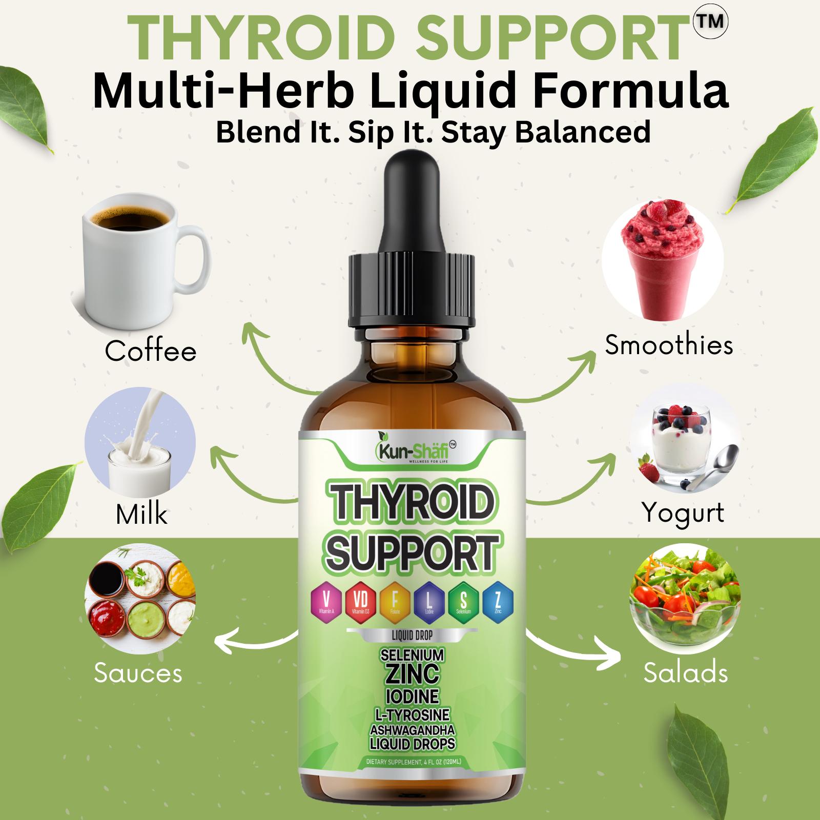Thyroid Support Liquid Drops with Iodine, Selenium, Zinc & L-Tyrosine | Vitamin A, D3 & Folate | Daily Wellness Formula (4 Fl Oz)