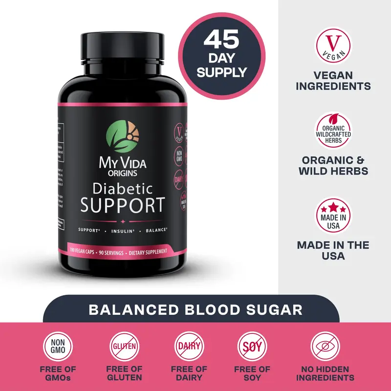 My Vida Origins Diabetic Support with Organic Prickly Pear (leaf), Bitter Melon, Apple Pectin, Organic Ceylon Cinnamon, Glucose Metabolism support– Diabetic Support 180 capsules 3 Months Supply