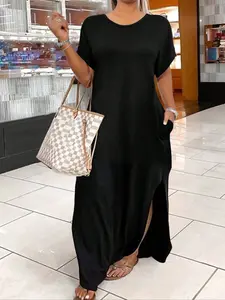 Plus Size Women's Solid Color Round Neck Dress with Pockets, Long Casual Loose-Fitting Dress for Everyday Daily Wear, Comfortable Street Style