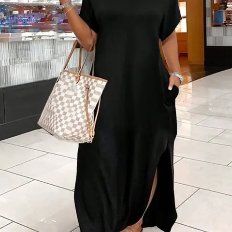 Plus Size Women's Solid Color Basic Round Neck Dress with Pockets, Long Casual Loose-Fitting Dress for Daily Wear, Comfortable Street Style, Round Neckline, Everyday
