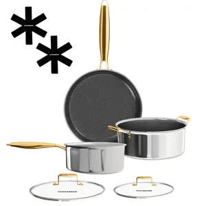 "Golden Edition" 3-piece cooking set - Non-stick stainless steel kitchen cookware set, dishwasher safe, non-toxic, suitable for stoves and induction cookers, free of PFOA, includes a dishcloth