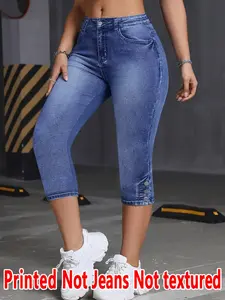 Women's Printed Tight-Fitting Pants, Non-Denim Fabric, Seven-Inch Leggings, Faux Denim Print, All-Season Wear, Comfortable and Stylish, Womenswear