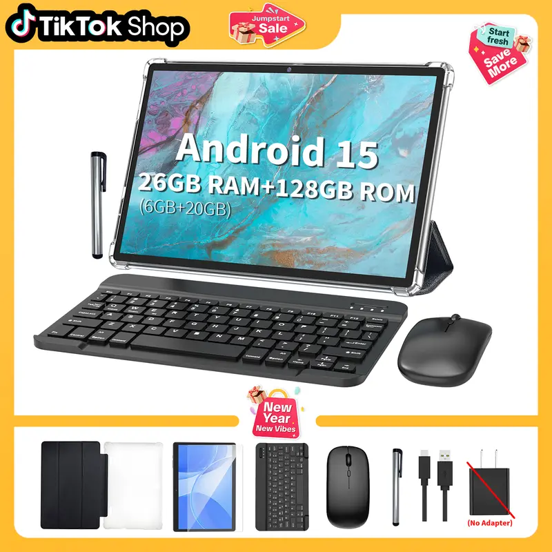 【TikTokShopJumpstartSale】Relndoo 2026 Android 15 Tablet with 26(6+20)GB RAM+128GB ROM, Wireless Set with Keyboard, Case, Mouse, Stylus, 2.4G/5G WiFi, for Valentine’s Day Gift