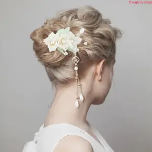 【Summervibes】5Pcs Camellia Tassel Hair Clips, Retro Rhinestone & Pearl Floral Headpieces, Elegant Chinese Hanfu Style Hair Accessories, Vintage Korean Jewelry for Women & Girls, Perfect for Wedding, Updos & Daily Hairstyling