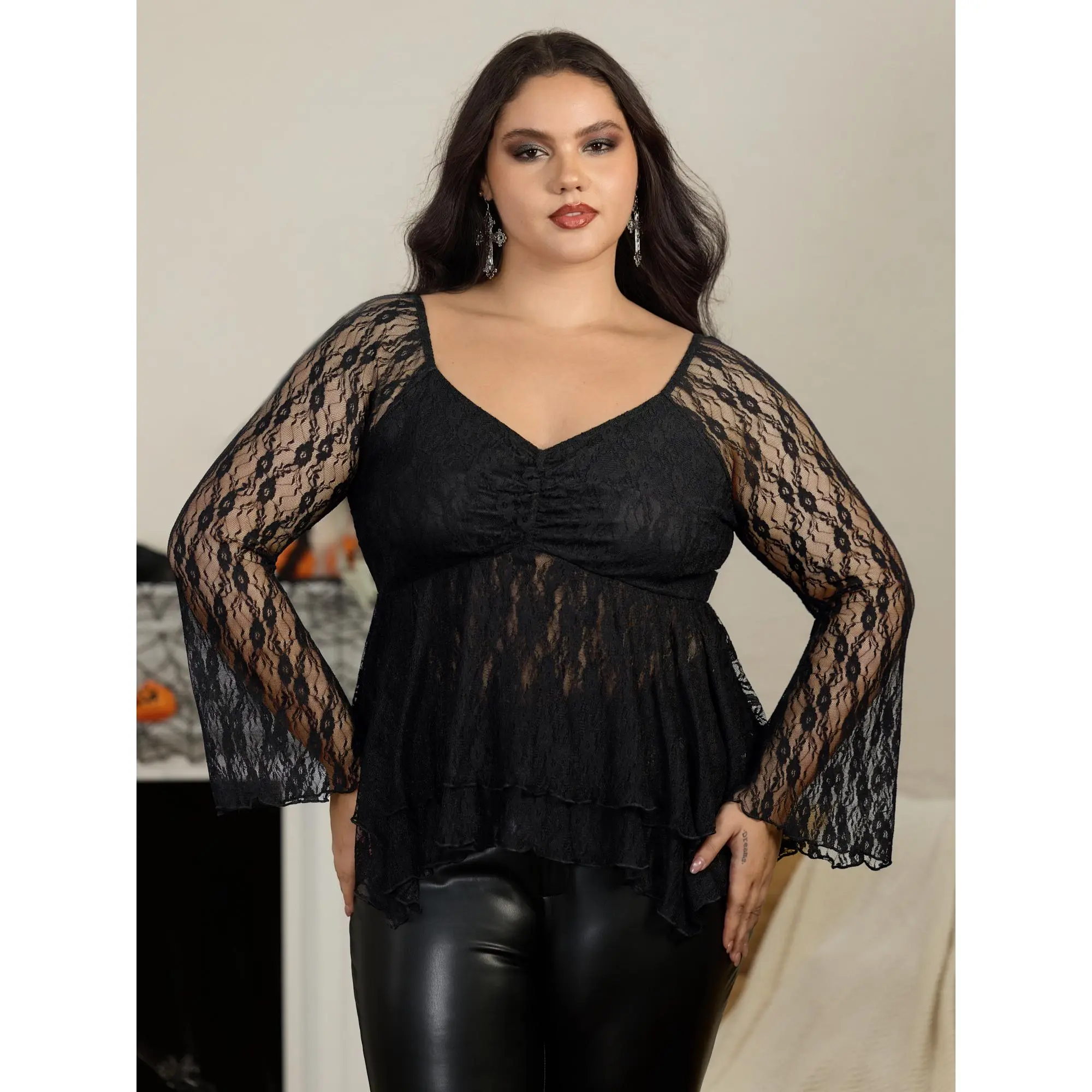 BloomChic Sheer Lace V‑Neck Flare Sleeve Peplum Blouse 【M-6XL】