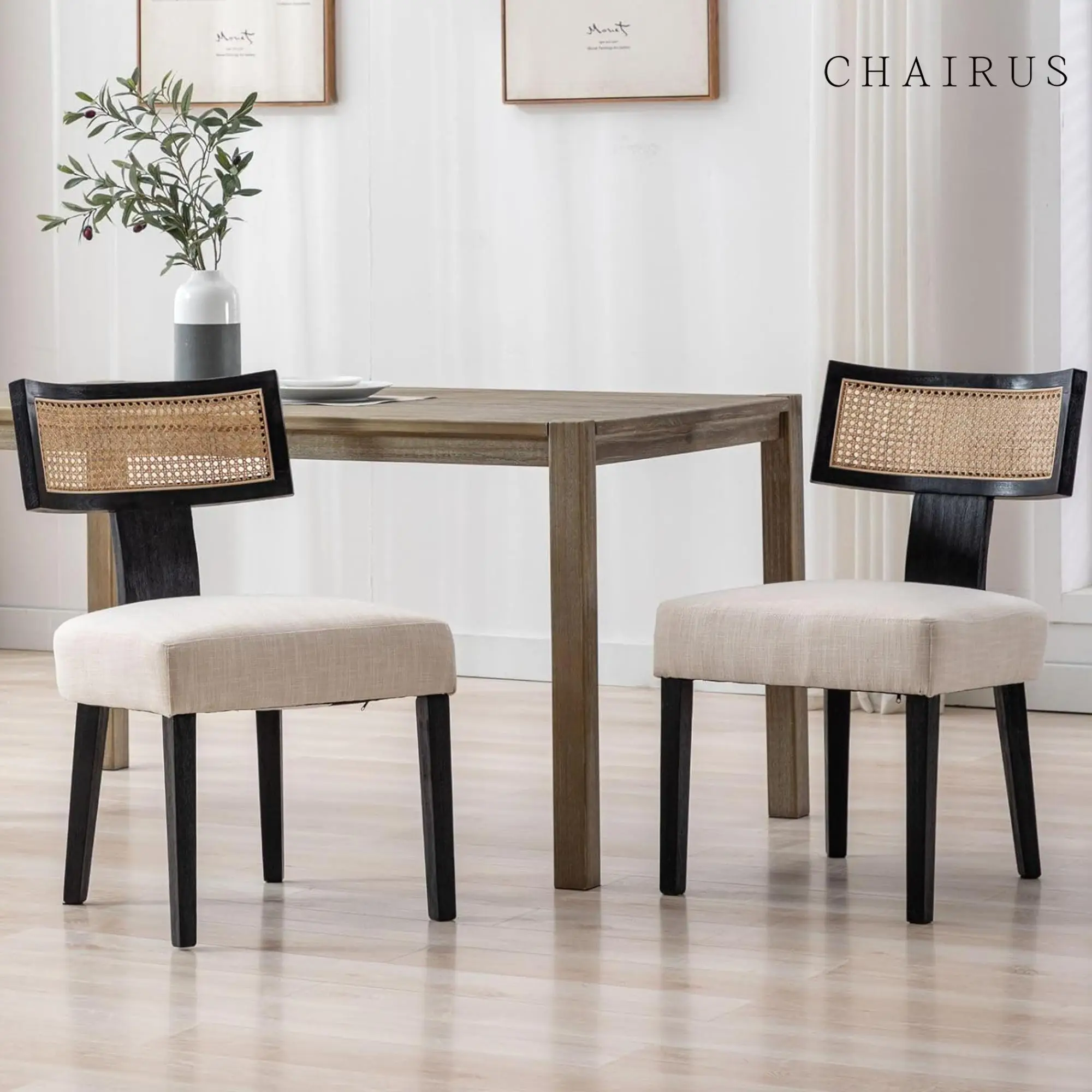 CHAIRUS Rattan Dining Chairs Set of 2, Mid Century Modern Dining Chairs ,Linen Upholstered Dining Chairs with Rattan Back Wood Legs, Farmhouse Linen