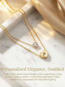 14K Gold Double-Layer Heart Laser Engraved A-Z 26 Initials Circular Diamond-Embedded Stacked Necklace # Jewelry Accessories / Stainless Steel / Colorfast / Hypoallergenic / Couple / Festival / Party / Ideal Gift