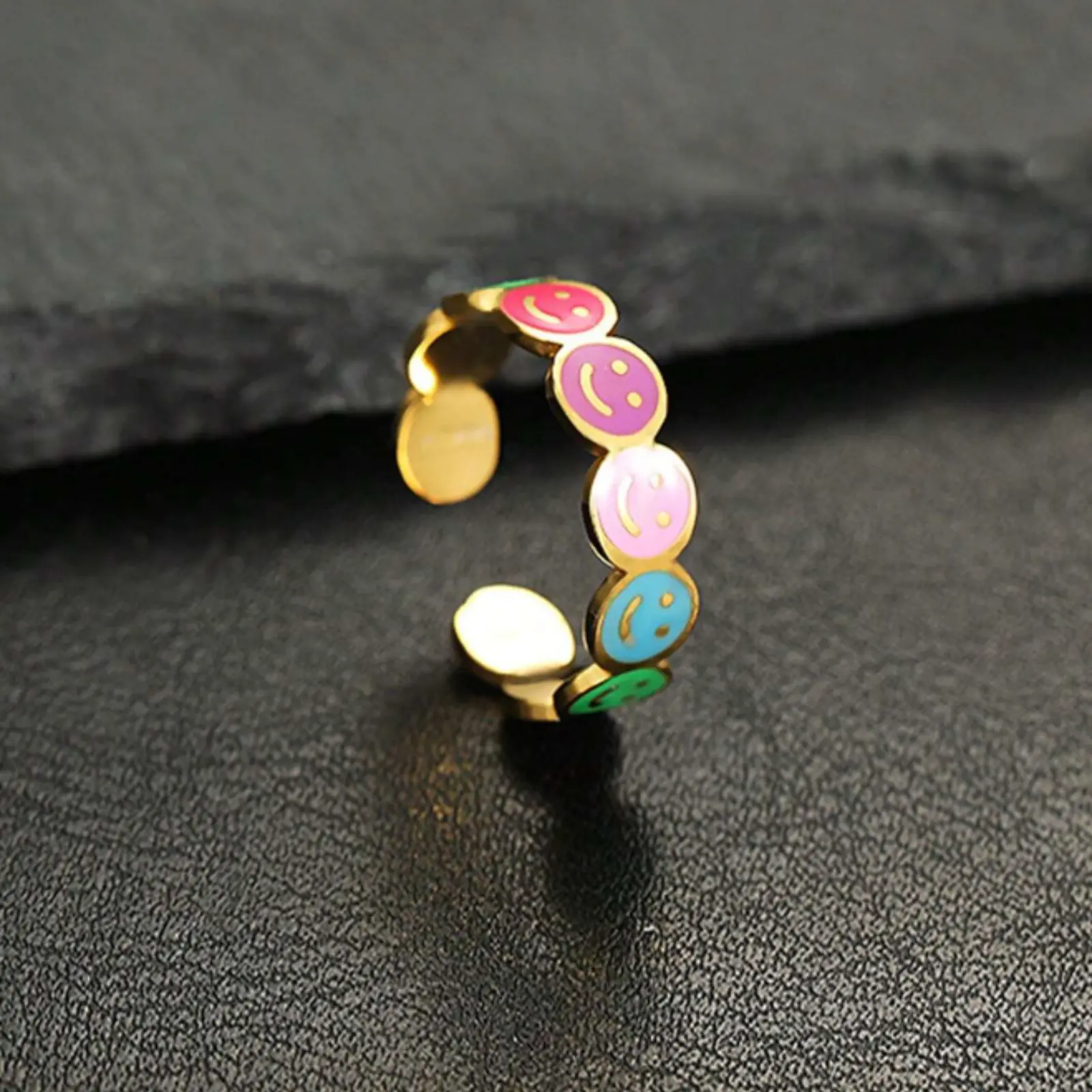 Adjustable Stainless Steel Smiley Face Ring with Colorful Small Flowers for Women's Daily Wear