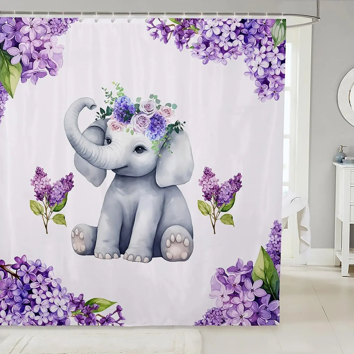 Cute Elephant Shower Curtains,Purple Lavender Flowers Rustic Romantic Bathroom Curtains Adults,Cartoon Wild Animals Lovely Waterproof Curtains