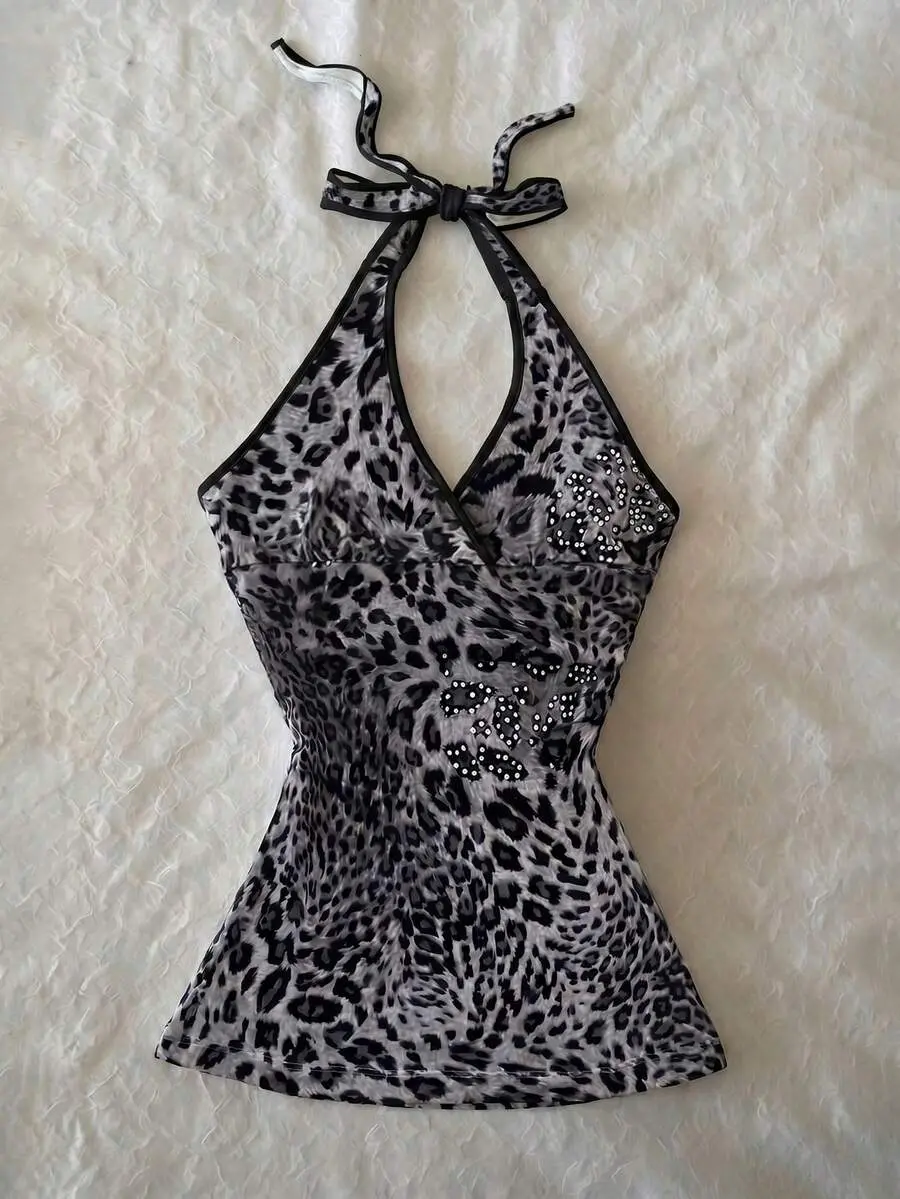 Women's Summer Casual Fashionable Street Vacation Style Leopard Print Rhinestone Backless Tie Front Camisole