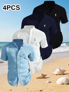 Men's Summer Short Sleeve Shirts, Chest Print Design, Lightweight Breathable Stand Collar Button Shirt, Ideal for Beach and Poolwear