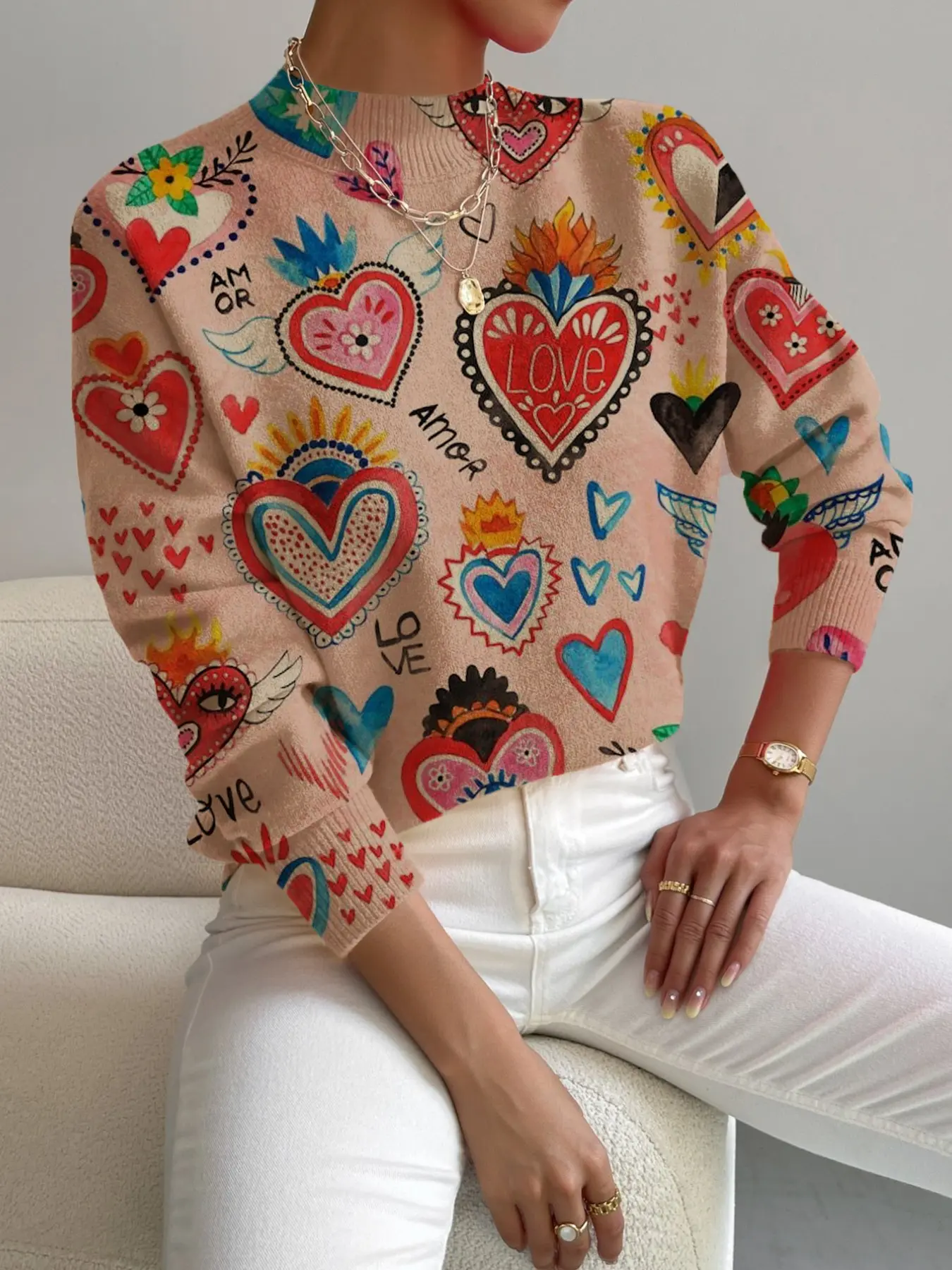 Women's Knitted Sweater Heart Pattern Casual Elegant Commute Wear Knitwear, Spring Fall Winter Season, Perfect Gift for Her