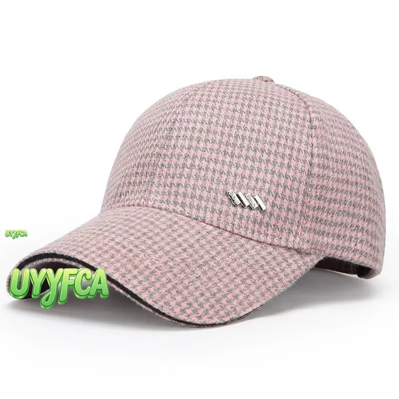 Unisex Houndstooth Pattern Wool Baseball Cap with Metal Accent Detail, UV Protection All-Season Sunshade Hat for Casual Daily and Outdoor Wear,summerwins