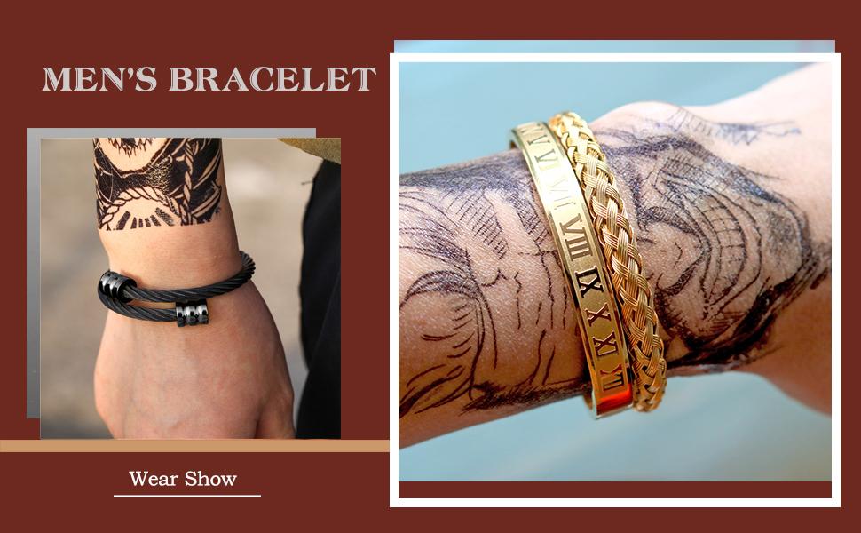 3PCS Stainless Steel Bracelets for Men Gold Roman Numeral Bangle Bracelet Twisted Cable Bracelet Adjustable Cuff Bracelet Mens Luxury Jewelry Bracelets Gifts