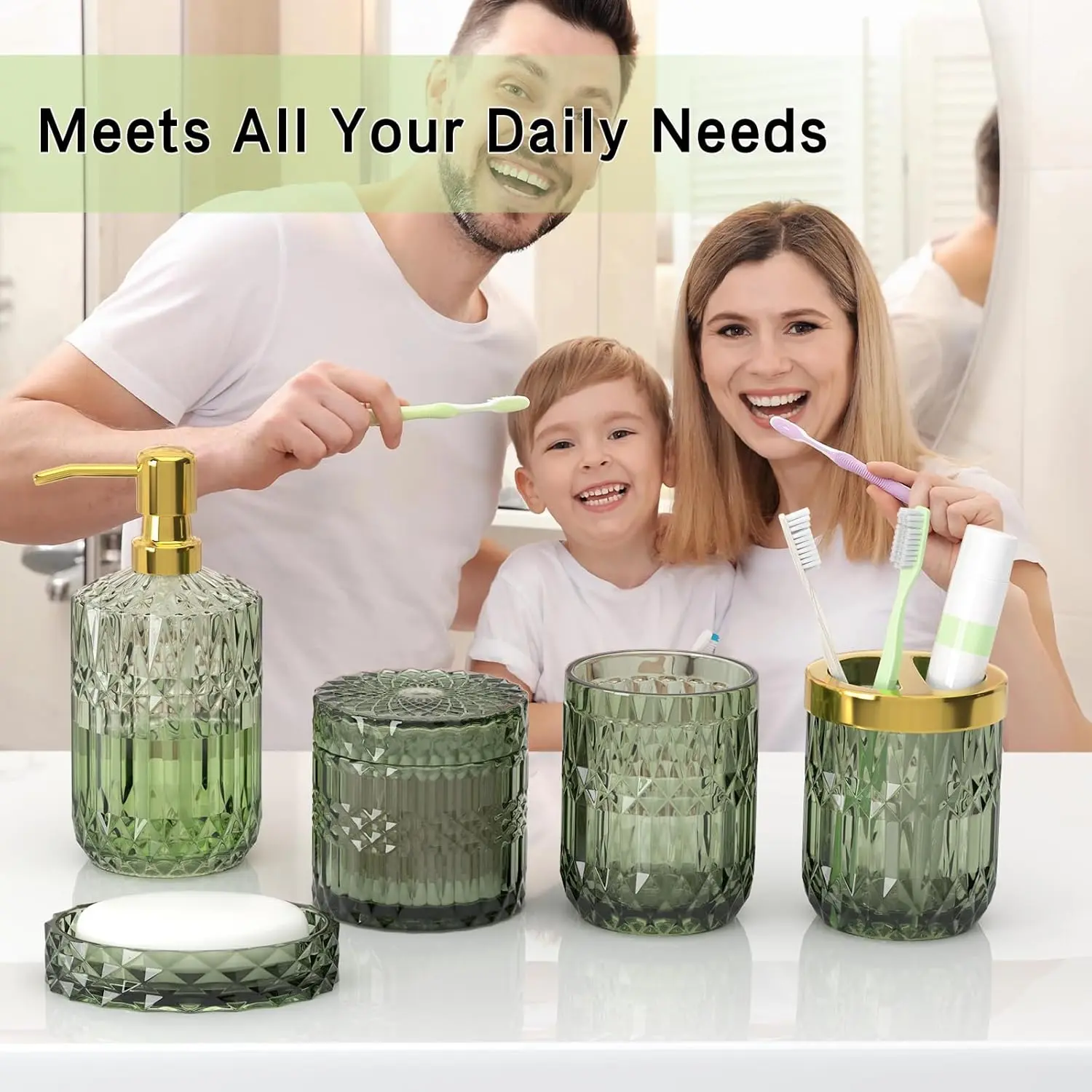 Green Bathroom Accessories Set, 5 Pcs Clear Glass Bathroom Accessories Sets with Lotion Soap Dispenser, Soap Dish, Toothbrush Holder, Bathroom Tumbler, Cotton Swab Jars, Perfect for Bathroom Decor, Compact