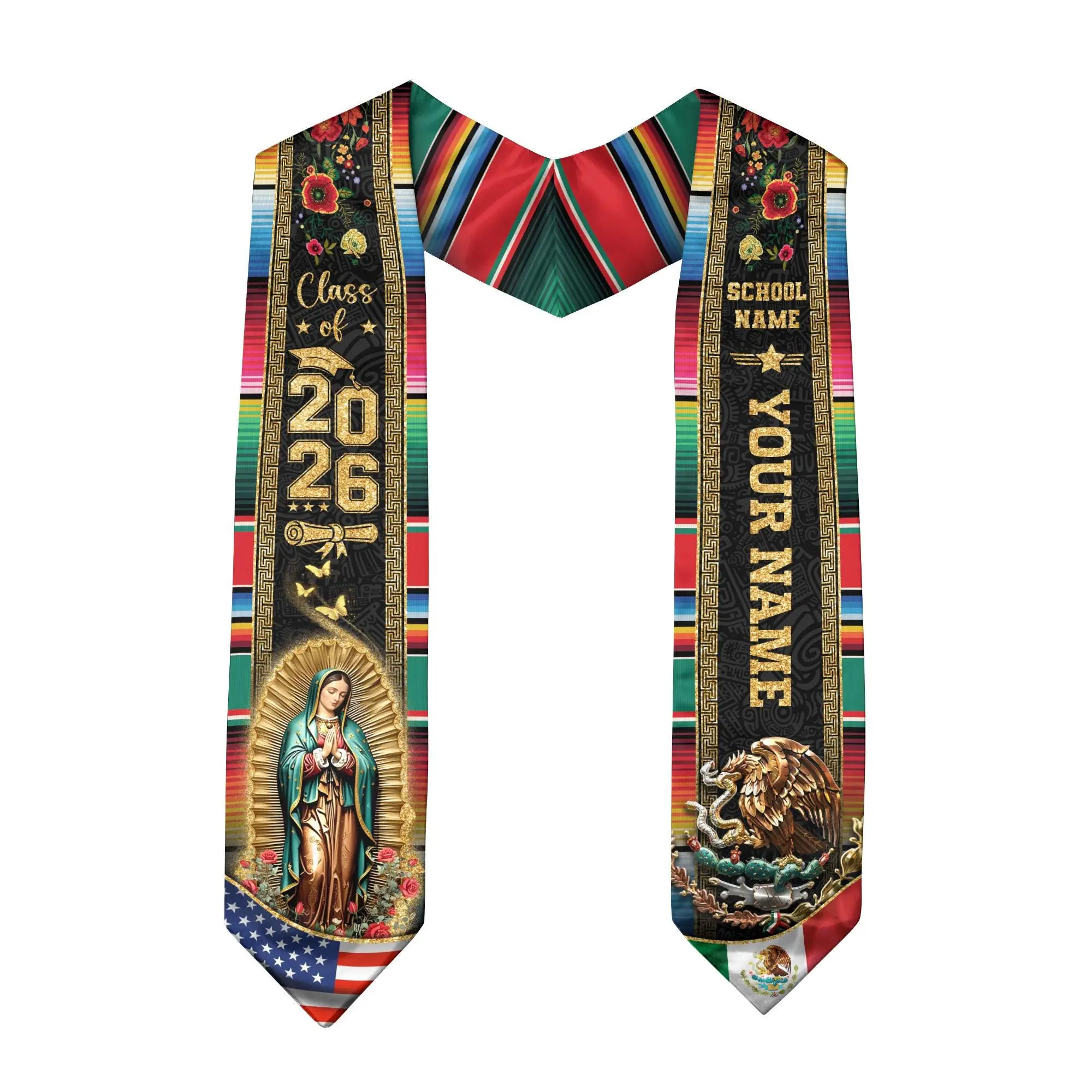 Custom Mexican Graduation Stole, Mexican Flag Graduation Sash 2026, Mexico Pattern Stole, Custom Name & School Sash Senior Graduation Gift