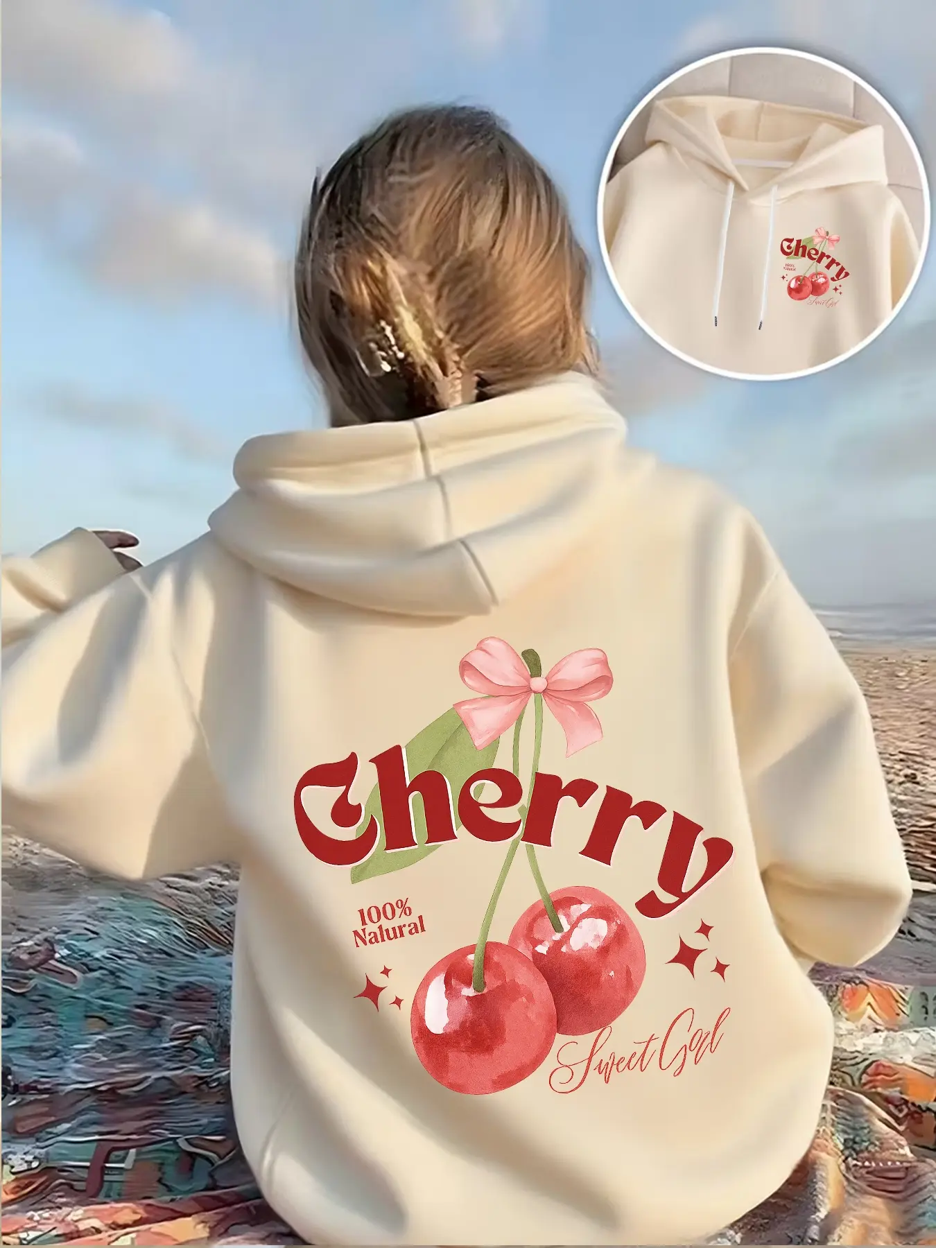 Cherry Sweet Girl Hoodie, European Style Casual Fitted Sweatshirt