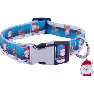 Christmas Dog Collar, Deer Santa Xmas Pet Collars Adjustable Soft Blue Christmas Collars for Small Medium Large Dogs (Small)