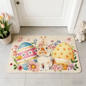 Easter Door Mat with Rabbit and Egg Design, Spring Decorative Rug, No Fuzzy Floor Mat, Holiday Home Decoration Carpet