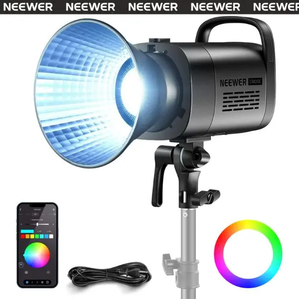 NEEWER CB100C 130w RGB LED Video Light, APP/2.4G Control 360° Full Color 2700K-6500K 27000lux/m COB Bowens Mount Silent Continuous Output Lighting TLCI/CRI97+ 17 Scenes for Video Recording Photography