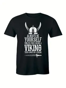 Men'S Viking Graphic T-Shirt - 100% Cotton, Short Sleeve, Round Neck, Black with White Print, Casual & Fitness Wear, Machine Washable Gift, Unisex, Hot Selling Items, Soft, Breathable, Lightweight - Crew Neck, Regular Fit - Machine Washable, Comfortable C