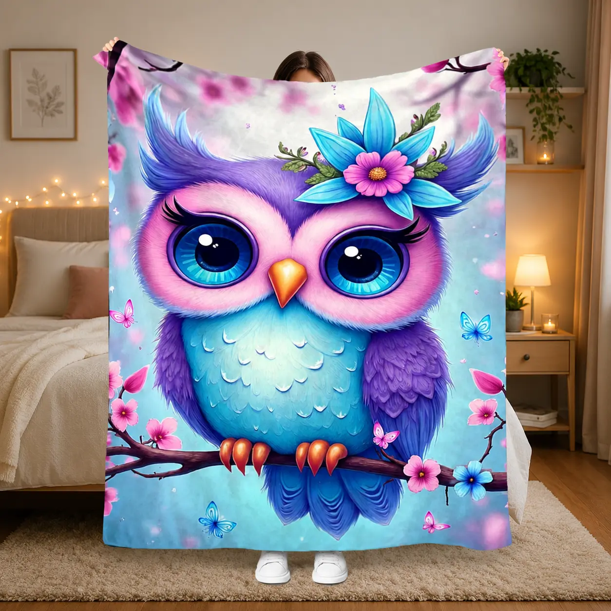 Whimsical Colorful Owl Air-Conditioning Blanket - 30x40 in, Wrinkle Resistant, Silky Texture, Colorful Print, Soft Purple-Blue Wings, Floral Crown, Fluttering Butterflies, Multi-Size Option, All Seasons Home/Camping Use for Adults, Ideal Gift