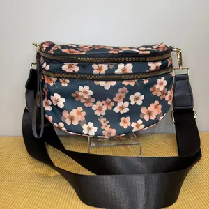 The Roni Nylon Bum Bag Crossbody - Floral Navy Pink Cherry Blossom