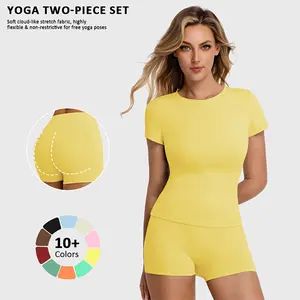 Women's 2-Piece High-End Sports Set, Solid Color Breathable Quick-Drying T-Shirt & High-Waisted Fitted Shorts, Ideal for Yoga, Gym Workouts
