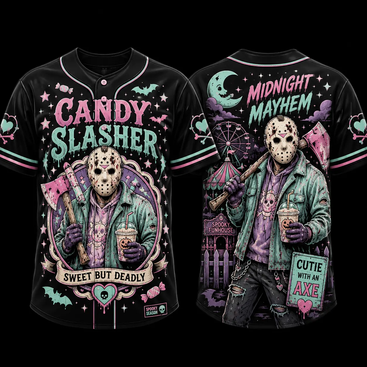 Candy Slasher Masked Camper Full-Button Baseball Jersey, Pastel Halloween Funhouse Graphic Shirt, Cute Spooky Unisex Party Wear