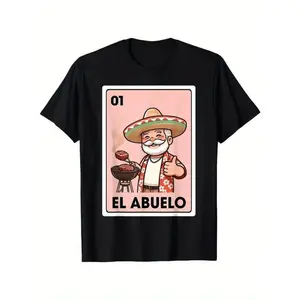 Vintage Mexican Bingo Card Graphic T-Shirt for Men and Women Featuring El Abuelo Grilling Grandpa Design with Number One and Bingo Bongo Lettering Soft Cotton Short Sleeve Casual Tee for Themed Parties Bingo Nights and Casual Wear