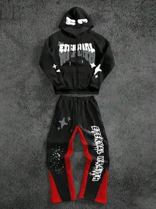 Men's Casual Hooded Zipper Jacket & Patchwork Pants Set, Eternal Wraith Print, Fall Winter Fashion, Trendy Style