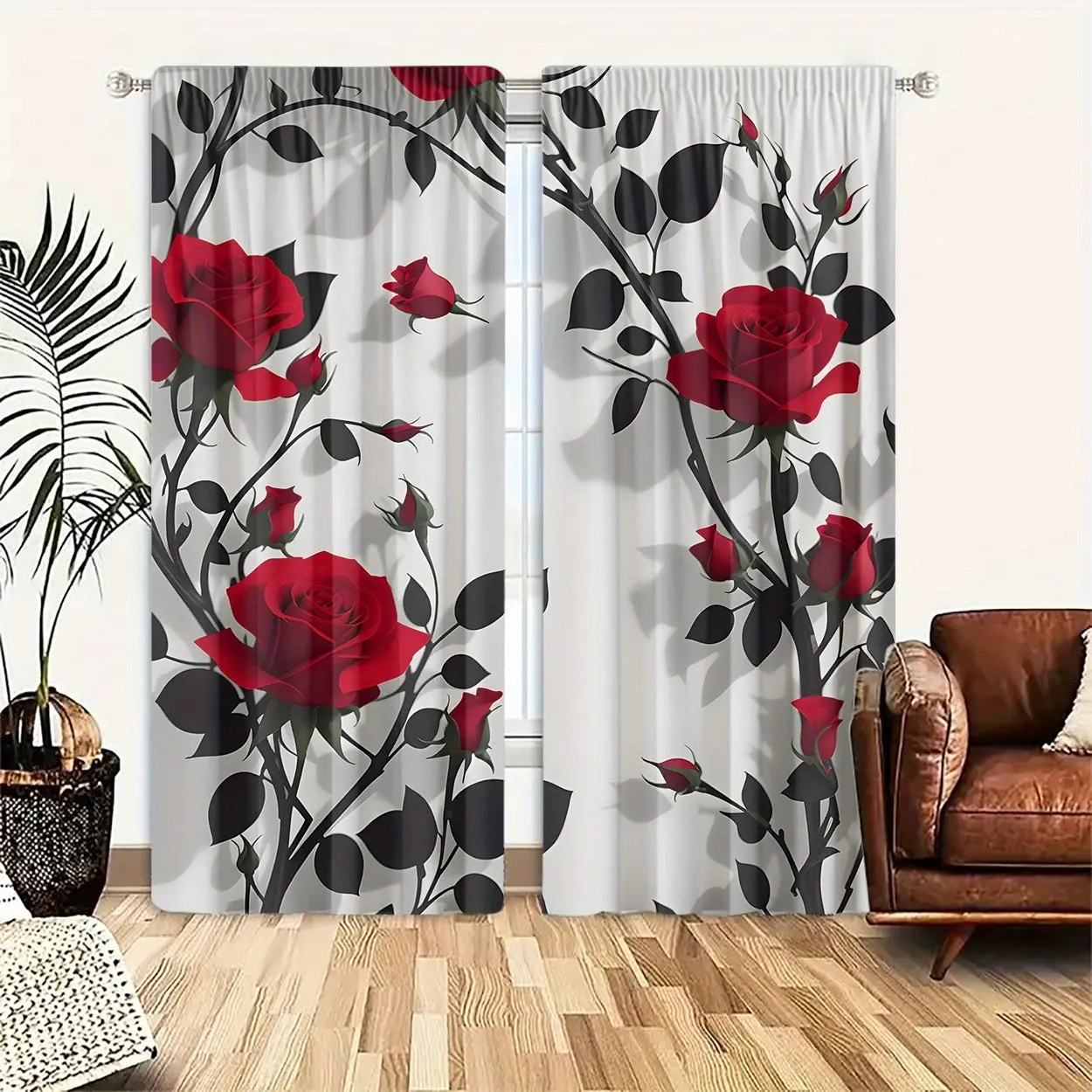 Spring Vintage Rose Floral Drapes, High-Definition Roses with Branches, Elegant Polyester Curtains, Dreamy Decorative Panels
