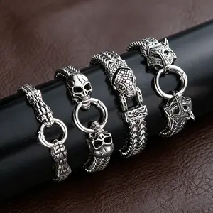 Men’s Vintage Punk Stainless Steel Bracelet Snake Skull Wolf Head Bangle Fadeless Jewelry