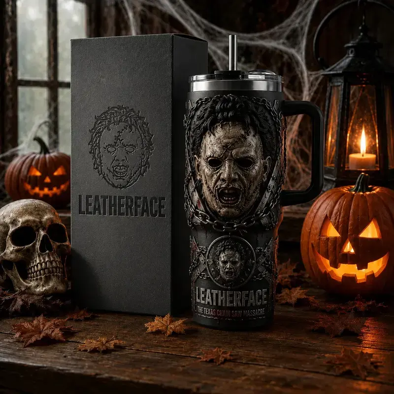 Leatherface The Texas Chain Saw Massacre 40oz Tumbler, Horror Movie Travel Mug with Handle, Stainless Steel Insulated Cup, Full Wrap Printed Drinkware, Halloween Gift for Horror Fans